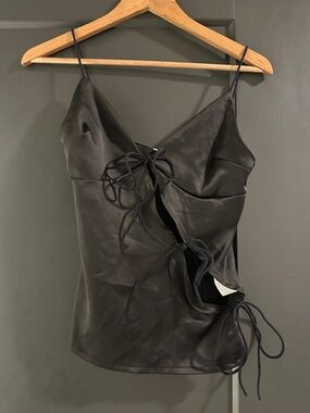 Black Satin Tie-Front Cami Top - Women